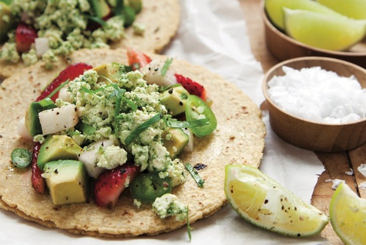 Raw Tostadas with Spicy Strawberry Avocado Salad and Cilantro Relish