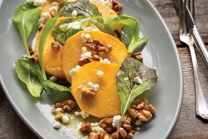 Scalloped Rutabagas with Maple Walnut Dressing