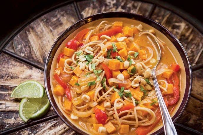 Healthy Soup Recipes-Spicy Thai Coconut Soup with Kamut Noodles, Sweet Potato, and Lime